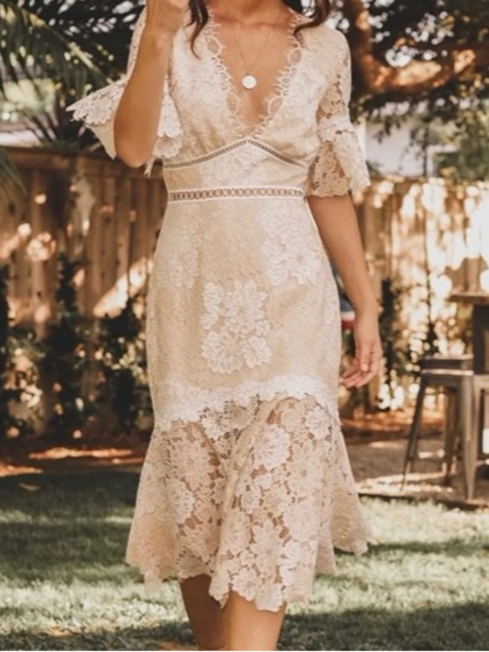 Saylor Maggy Lace V Neck Dress Neutral Detailed Floral Wedding Midi